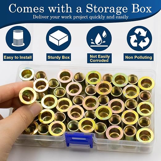 50Pcs M10 Rivet Nuts, Metric Zinc Plated Finish Carbon Steel Flat Head Threaded Insert Nutsert Kit