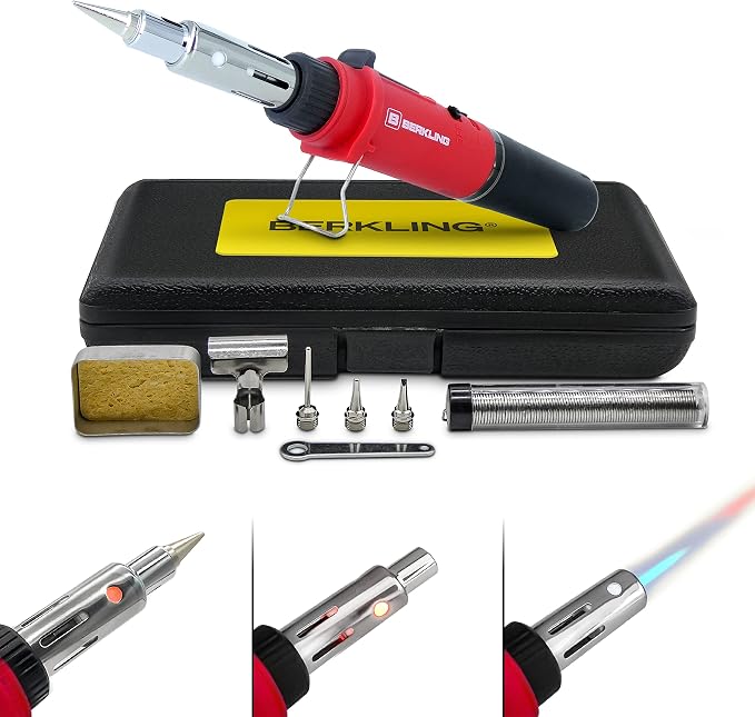Berkling BSG-568 Butane Soldering Iron Kit - Self-Ignite, Instant Start, Portable Cordless Welding Micro Solder Torch Heat Gun Includes 5 Tips, 15g 60/40 Rosin Core Solder Wire, Mini Wrench, Sponge