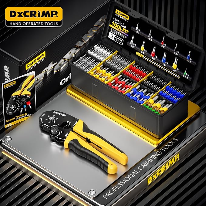 Hex Ferrule Crimping Tool Kit, AWG 24-4 (0.25-25mm²) Self-Adjusting Ratcheting Wire Crimper with 11-Type Terminal Assortment for 12V Automotive, Marine & Home Electrical Wiring