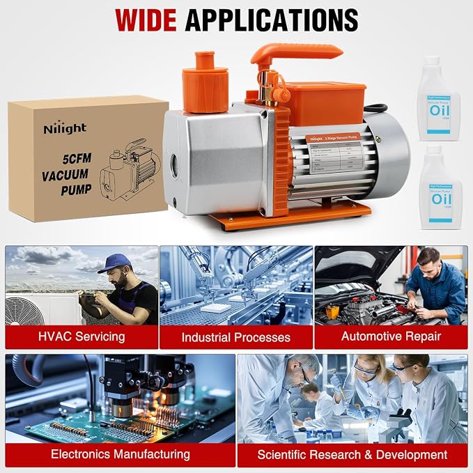 Nilight Vacuum Pump HVAC, 5 CFM 1/2 HP 110V 2 Stage AC Vacuum Pumps Kit for R22 R404a R134a R410a, 3x10⁻¹ Pa Ultimate Vacuum for Auto Air Conditioning Servicing Refrigerant Recharging, Oil Included