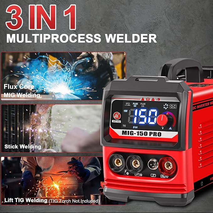 GNI Multiprocess Portable MINI Welder, MIG/TIG/Stick 3 IN 1 Welding Machine | IGBT Inverter Beginner-Friendly MIG Welder Machine with Auto-Darkening Goggles, 150A Flux Core Welder for Home DIY