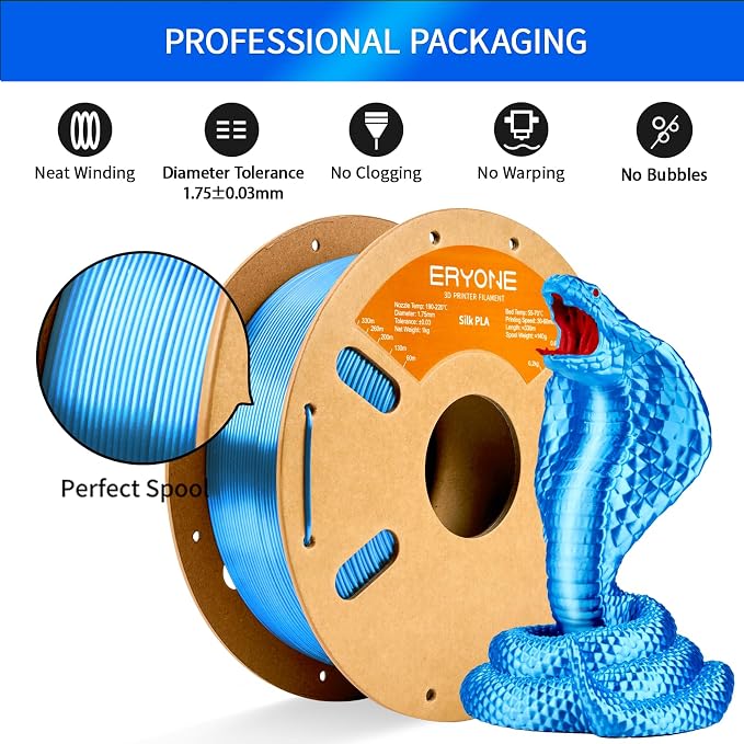 ERYONE Silk PLA Filament for 3D Printer 1.75mm +/- 0.03mm, Shiny Filament 1kg (2.1lbs)/Spool, Silk Blue