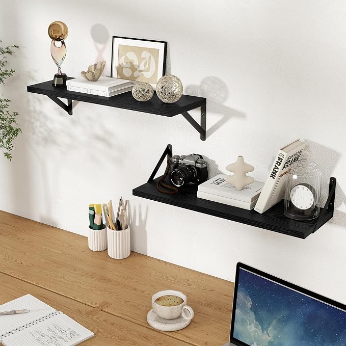Floating Shelves 8 Inch Deep, 24W x 8D Wall Shelf Set of 2, 50 lbs Heavy Duty Reversible Metal Brackets, Industrial Book Shelf for Living Room Kitchen Bathroom Bedroom Gallery Wall, Black