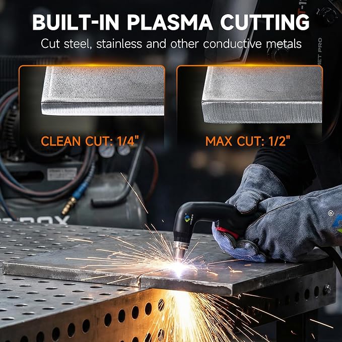HITBOX Multifunctional Welder Plasma Cutter Combo, 200A 220V Aluminum Pulse MIG/Gas/Flux Core MIG/HF TIG/ 40A Plasma Cutter/Stick/Spot with 2T/4T, Synergy, Large Digital Display