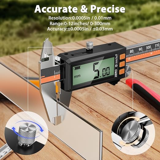 Preciva Digital Caliper 12", Rechargeable Stainless Steel Micrometer | Type-C charging, durable steel body, large LCD with auto-off saves power, in/mm/frac, for 3D-printing machining woodworking