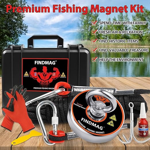 FINDMAG Magnet Fishing Kit with Case, 1500 LBS Pulling Force Super Strong Magnets, Premium Fishing Magnets Kit for Heavy Duty Use, Magnet Tool Pickup -4.72inch Diameter