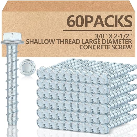 Tandefio 60 Pack 3/8" x 2"-1/2" Concrete Screw Anchor Galvanized Large Diameter Heavy Duty Plated Concrete Anchors for Masonry Brick Anchoring Block Decking Framing Hex Drive