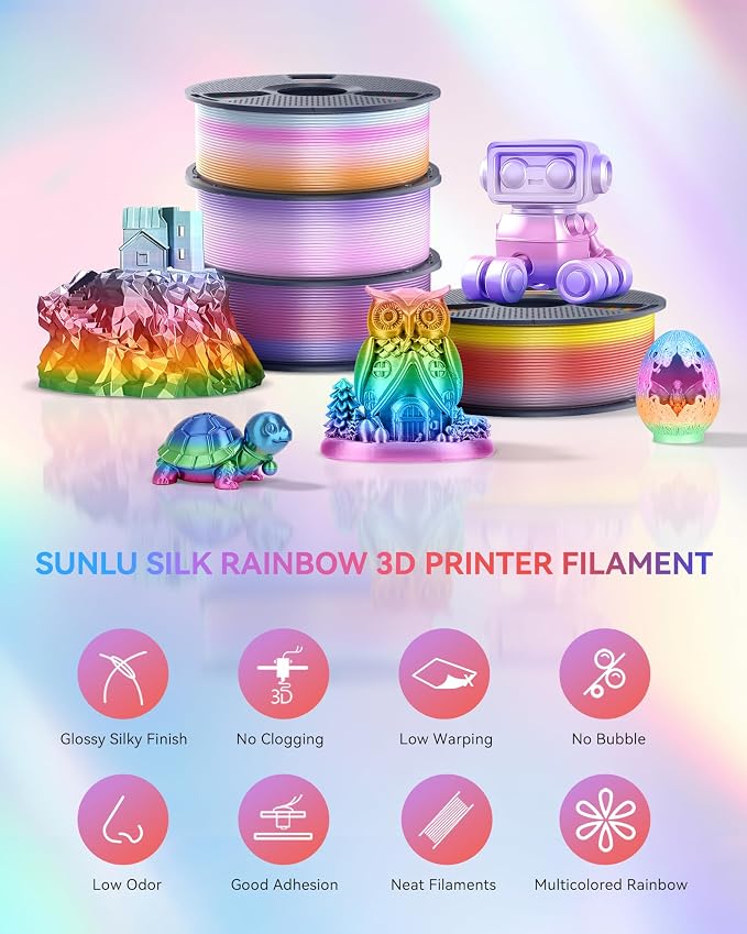 SUNLU Silk Rainbow PLA Filament 1.75mm, Multicolor Gradient 3D Filament, Neatly Wound Shiny Silk 3D Printer Filament, Dimensional Accuracy +/-0.02mm, 1KG Spool(2.2 lbs), Rainbow Silk 01