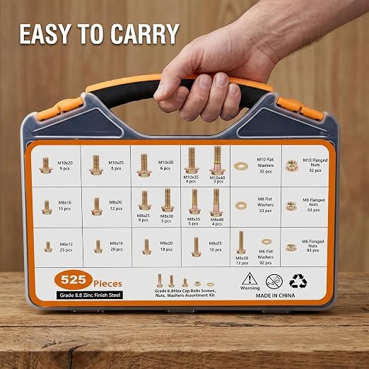 525PCS Metric Flanged Bolts and Nuts Kit, Grade 8.8 M6 M8 M10 Hex Flange Head Metric Bolts Screws Assortment, Automotive Grade Metric Bolts with Handy Storage Case