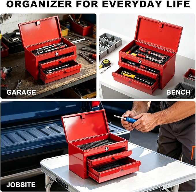 BIG RED Mini Steel Tool Box with Drawer, Small Metal Tool Box Organizer | Lockable Top Storage, Multi-Purpose Portable Tool Box Organize for Desk, Home, Garage, desk or Workbench, Red