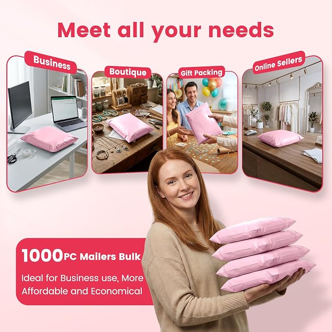 Metronic Poly Mailers 10X13 1000 Pack Bulk, Heavy Duty Self-Seal Shipping Bags for Clothing, Waterproof Medium Poly Packaging Bags for Clothing & Small Business, Light Pink