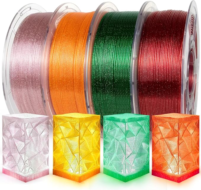 IEMAI Glitter Clear PETG Filament 1.75mm 4kg Bundle, Sparkly Transparent Finish 3D Printer Filament 1kg Spool 4 Rolls Red+Orange+Green+Pink, for Most FDM 3D Printers