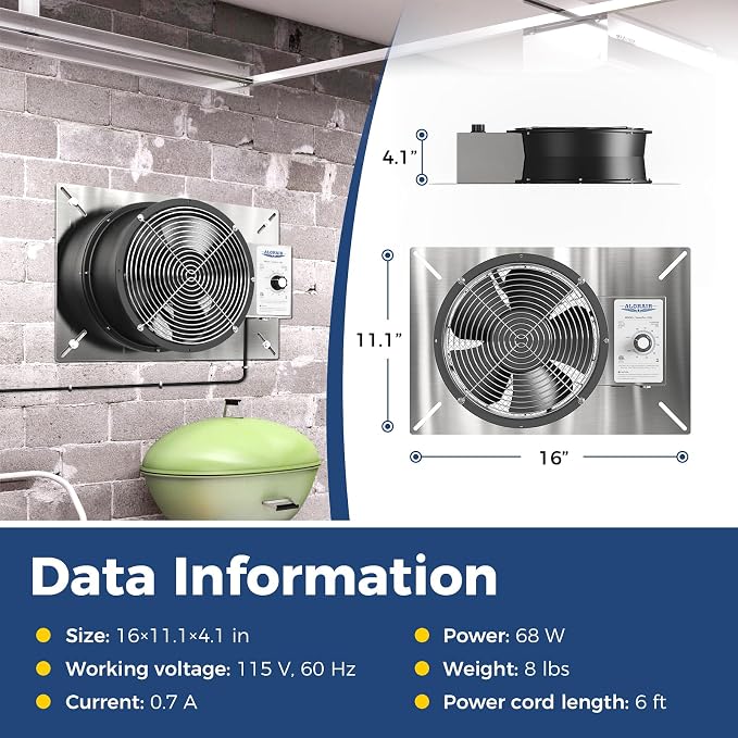 ALORAIR 720 CFM Stainless Steel Crawl Space Ventilation Fan with Humidistat Dehumidistat, IP55 Rated Crawlspace Vent Fan for Foundation Basements Garage Attic