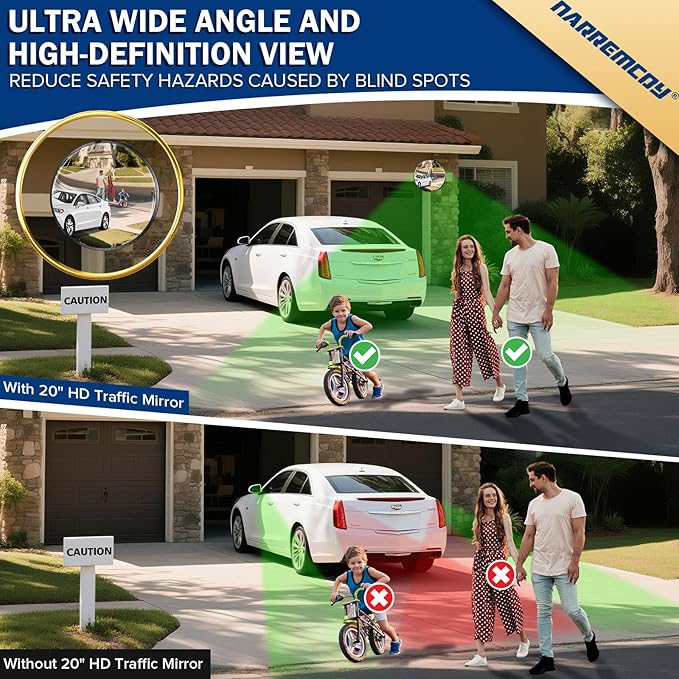 20" HD Acrylic Convex Mirror - 160 Adjustable Wide Angle View, Leather Frame & ABS Back, Blind Spot Mirror for Indoor/Outdoor Use in Garage, Warehouse, Driveway, Store & Office Security