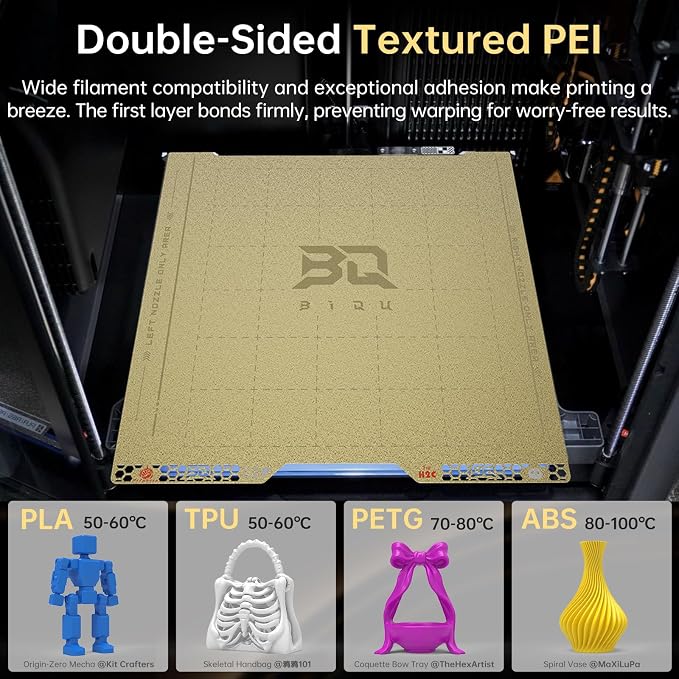 BIQU PyroGrip Double Side Textured PEI Compatible with Bambu-Lab H2C 3D Printer 355x346mm PEI Spring Steel Build Plate Flexible Sheet Print Bed Removable Surface Platform