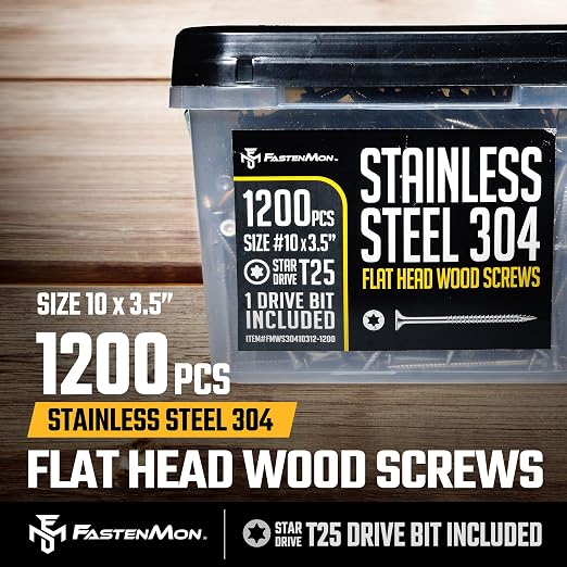 304 Stainless Steel Deck Screws, #10 x 3-1/2", 1200 PCS | Torx Flat Head Type 17 Point with T25 Bit, Ideal for Outdoor Wood Projects, Fences, Benches, Picnic Tables, Decks, Bulk Box