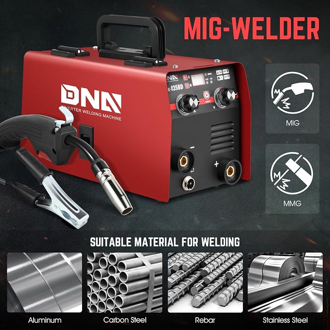 DNA Motoring 125A/110V Flux Core MIG Welder, Gasless MIG/Lift TIG/Stick Welder, 3 in 1 Portable Welding Machine, IGBT Inverter Welder for Home DIY, Garage, w/LED Digital Display, Red, TOOLS-00378