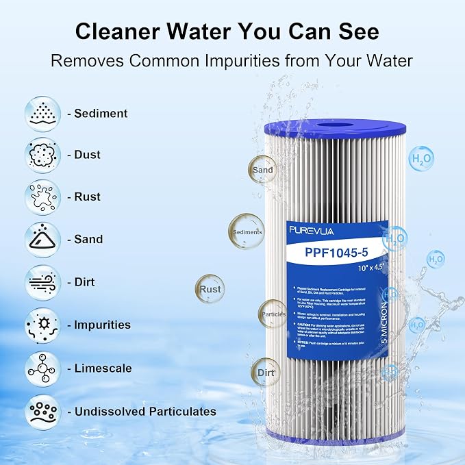 4-Pack 10" x 4.5" Pleated Sediment Water Filter Cartridge, 5 Micron High Flow Whole House Water Filter Replacement for Well Water, Compatible with Culligan R50-BBSA, GE FXHSC, ECP5-10B, R30-BB