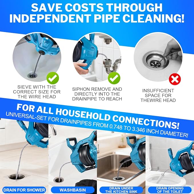 Cordless Drain Auger Compatible with Makita 18V Battery, 25Ft Snake Drain Hair Removal Tool for 0.75"-3.5" Pipe, 650RPM Drain Clog Cleaner Tool for Sewer, Bathroom, Sink (Battery Not Included)
