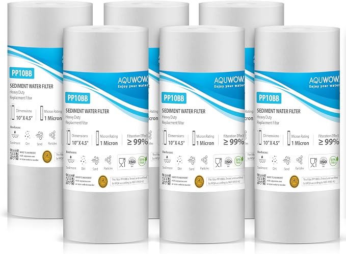 PP10BB 1 Micron 4.5" x 10" Polypropylene Filter Set – Replacement Cartridges for Whole House & Under-Sink Water Systems, Durable Sediment Pack (6, 10 x 4.5)