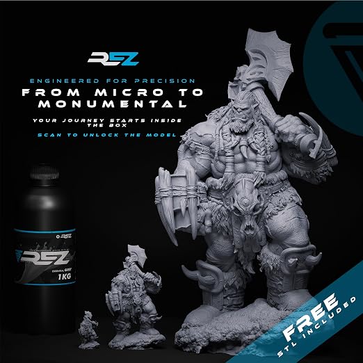 Rez Resin 1 kg, Essential Grey UV Photopolymer Resin for SLA/DLP/LCD 3D Printers, Ultra-High Detail, Fast-Curing Tough Resin for Highly Detailed Models, high Strength and Low Odor, 2K 4K 6K 8K