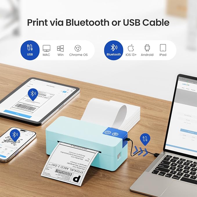 Bluetooth Thermal Shipping Label Printer, 4x6 Portable Direct Thermal Printer, Compatible with iPhone, Android, Windows and Mac, Widely Used for USPS UPS Amazon Shopify Etsy, Blue