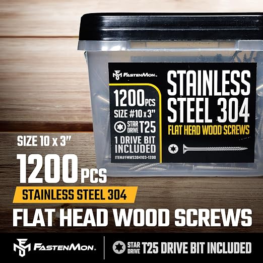 304 Stainless Steel Deck Screws, #10 x 3, 1200 PCS | Torx Flat Head Type 17 Point with T25 Bit, Ideal for Outdoor Wood Projects, Fences, Benches, Picnic Tables, Decks, Bulk Box