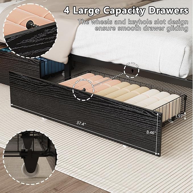 VINGLI LED Twin Bed Frame with 4 Storage Drawers and Adjustable Headboard Shelf, Metal Platform Panel Bed with Charging Station for Kids Teens, Adults, No Box Spring Needed, Black