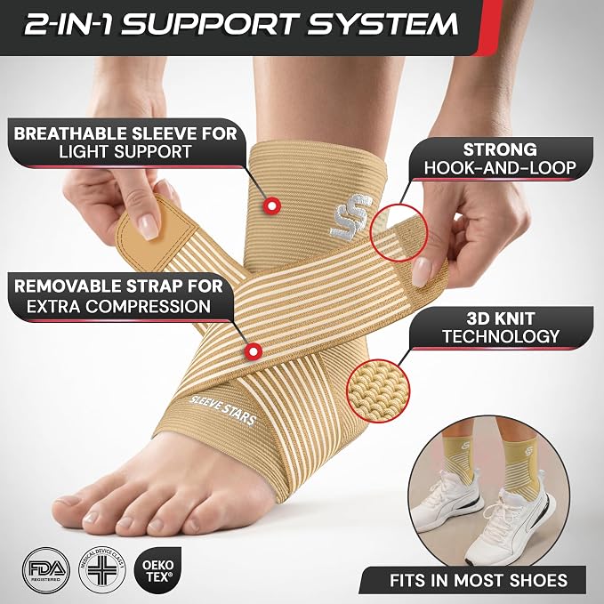 Sleeve Stars Ankle Brace for Women & Men, Ankle Wrap for Sprained Ankle, Compression Sleeve for Plantar Fasciitis Relief, Easy Customizable Support: w/Removable Strap (Single/L:12"-13"/Beige)