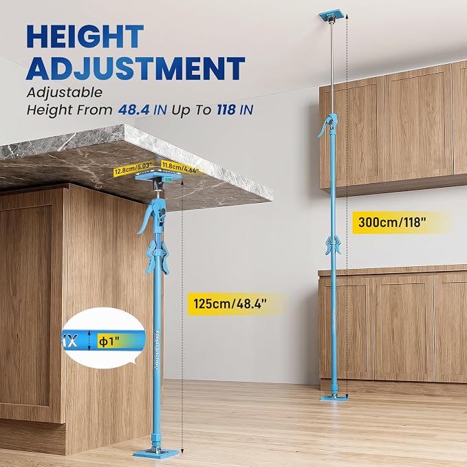 Cabinet Jacks for Installing Cabinets, 48.4"-118" Heavy Duty Adjustable Support Pole with 2-Way Adjust & Dual-Speed Lift, 3rd Hand System for Drywall Lift, Dust Barrier Poles & Ceiling