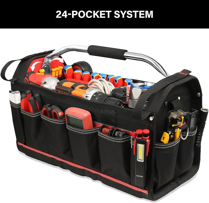 HAUTMEC 20" Heavy-Duty Tool Tote Bag with Waterproof Clear Cover, Open Top Large Tool Bag with Rotating Handle, Rigid Frame, Wear-Resistant Hard Base & Padded Shoulder Strap – HT0296