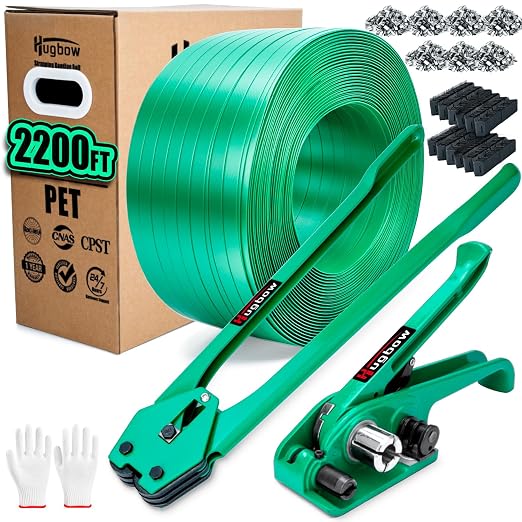 Banding Strapping Kit, Heavy Duty Pallet Packaging Kit with >1500lbs 5/8" x 2200' PET Strapping Roll, 700 Metal Seals, 200 Corner Protectors, Strapping Tensioner, Banding Sealer Tool