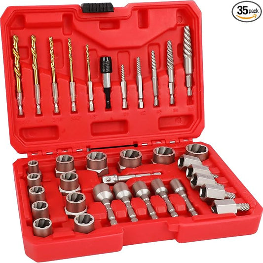 35Pcs Screw Bolt Extractor Set, Left Hand Drill Bit Set 6542/4341 HSS, Easy Out Bolt Extractor Set with Hex Adapter, Stripped Bolt Remover for Broken Rusted Nuts Screws, Bolts, Studs