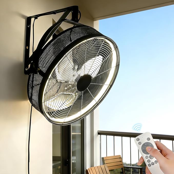AHAWILL 20" Wall Mounted Fan with Lights, 360° Adjustable Tilt,Garage Wall Mount Fan with Remote&APP, Plug in Wall Fan,6-Speed&Reversible Gazebo Fan,3CCT Dimmable&Timer for Toolroom,Patio,Warehouse