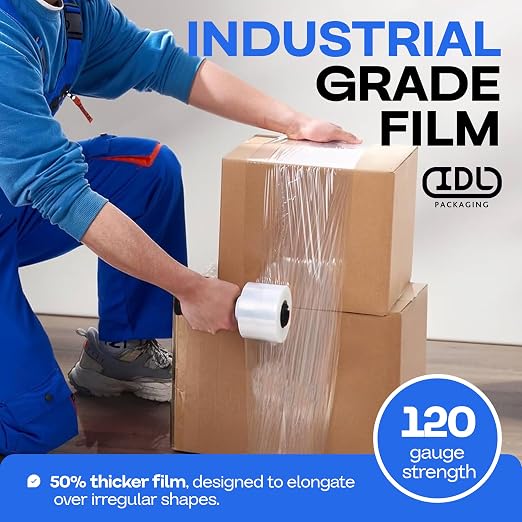 IDL Packaging 3" Stretch Wrap Mini Roll, 700 feet, 120 Gauge (Pack of 8) with a Plastic Handle Included – Industrial Grade Clear Plastic Wrap – Improved Protection for Packing, Moving, or Office