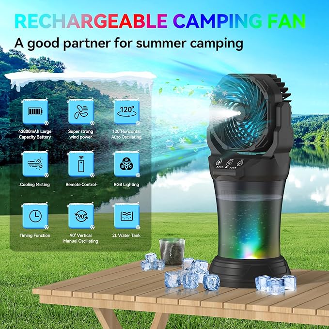 Wilody Misting Fan Portable Camping Fan Battery Powered with Remote Control, RGB Ambient Light with 2L Bucket, Battery Indicator, 120° Auto Oscillating, Timing Function, Grip Handle(Black)