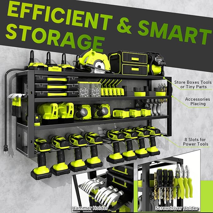 Large Power Tool Organizer Wall Mount with Charging Station, 8 Outlet Power Strip, 4 Layers 8 Drill Holder Heavy Duty Metal Tool Storage Loads 420lbs with Screwdriver Holder, Utility Racks for Garage