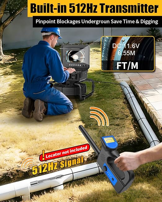 Sewer Camera Self Leveling with 512Hz Sonde & 50m/165ft 7mm Cable, 10" IPS 1080P Drain Camera Pipe Inspection Equipment with DVR Recorder, Keyboard & Meter Counter for Plumbing Professionals