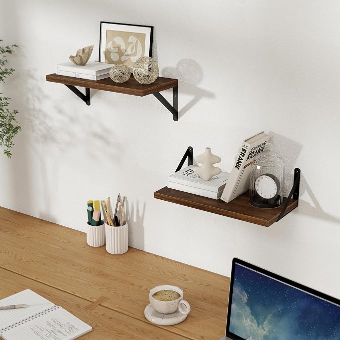 Floating Shelves 8 Inch Deep, 16W x 8D Wall Shelf Set of 2, 35 lbs Heavy Duty Reversible Metal Brackets, Industrial Book Shelf for Living Room Kitchen Bathroom Bedroom Gallery Wall, Walnut