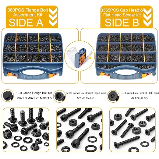 ZTF 3745PCS Nuts and Bolts Assortment Kit, Metric Flange Bolt Set & Screw Assortment Kit M2 M3 M4 M5 M6x1.0 M8x1.25 M10x1.5 Bolt(4-45mm) 42 Sizes Hex Socket Flat Head & Cap Head Metric Screw