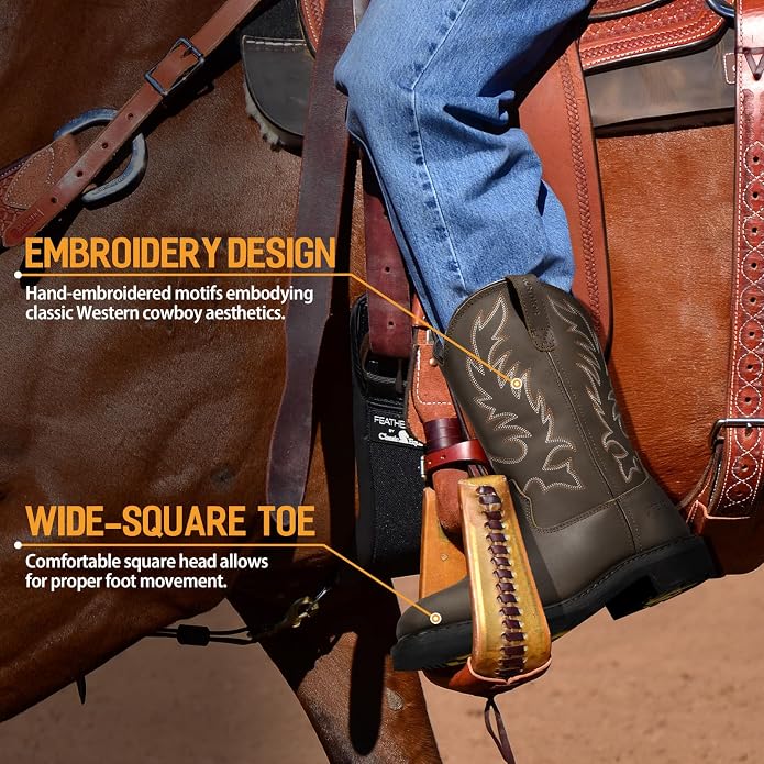 Men's Cowboy Work Boots, Square Steel Toe EVA Mid-Sole with GoodyearWelt Leather Anti Slip Western Men's Brown Boots for Manufacturing, Construction, Farming, Size 7-14
