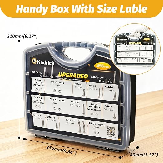 Kadrick 456Pcs 18-8(304) Stainless Steel Hex Bolts Assortment,1/4-20 5/16-18 3/8-16 Heavy Duty Bolts and Nuts Kit, Assorted SAE Bolts Nuts Flat&Lock Washers,Lenth Form 1/2''-2''