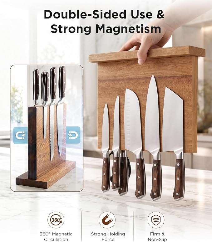 Magnetic Knife Block, Acacia Wood Countertop Magnetic Knife Holder, Double-Sided - Holds Up to 12 Knives & Metal Kitchen Tools, Brown