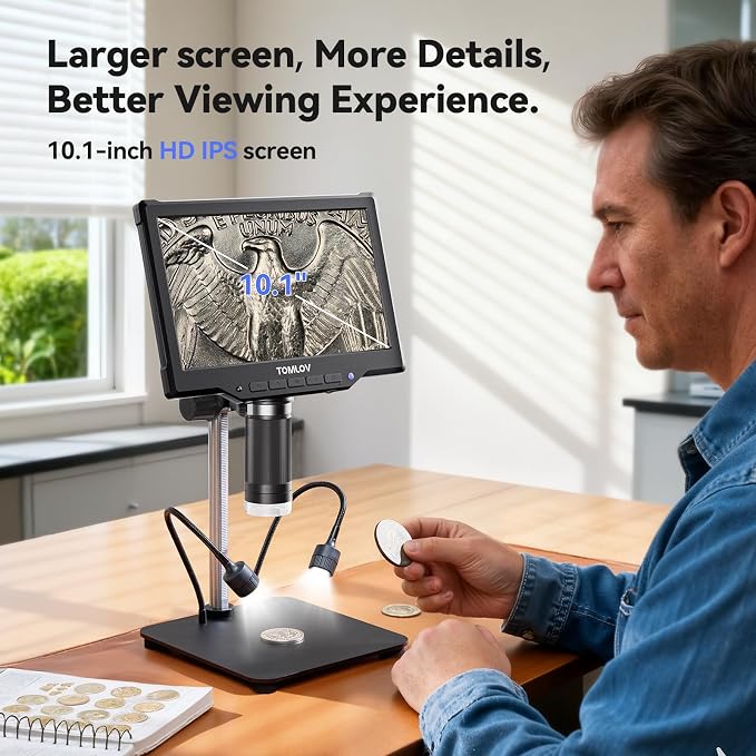 TOMLOV DM10 10.1" Digital Microscope: 1080P 1200X HD IPS Coin Microscope Magnifier for Error Coins with Light, 16MP LCD Soldering Microscopes for Adults with Screen, PC View