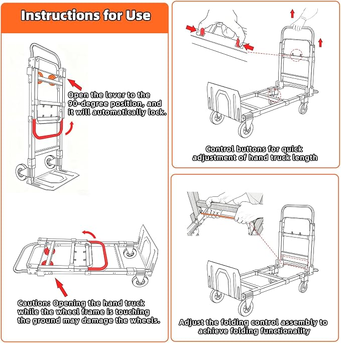3 in 1 Hand Truck, 600Lbs Capacity, Heavy Duty Collapsible Cart with Retractable Handle, Dolly Cart with 2 Universal Wheel with Brake for Moving Home, Office, School, Shopping, Warehouse, Orange