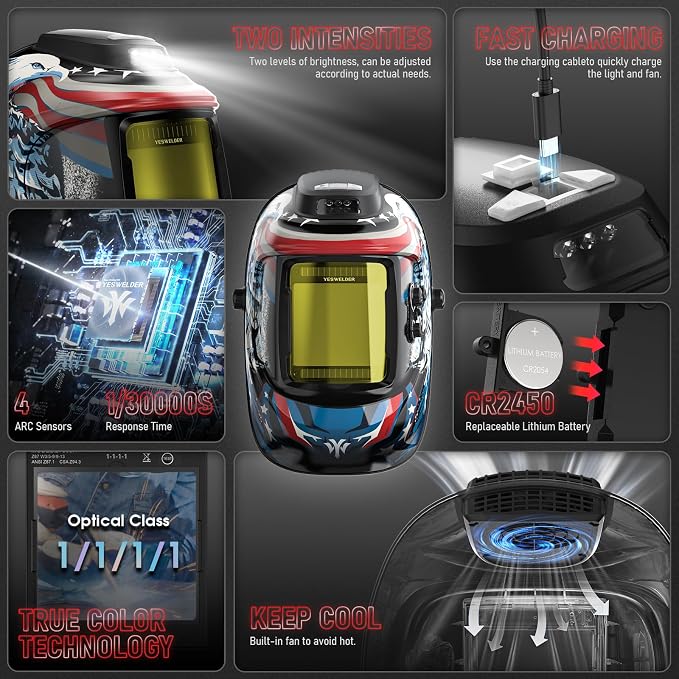 YESWELDER True Color Auto Darkening Welding Helmet with Rechargeable Fan and Light, 3.93"X3.66"Large View Blue Light Blocking Hood, 4 Arc Sensor Adapts to Stick, MIG, TIG & Plasma