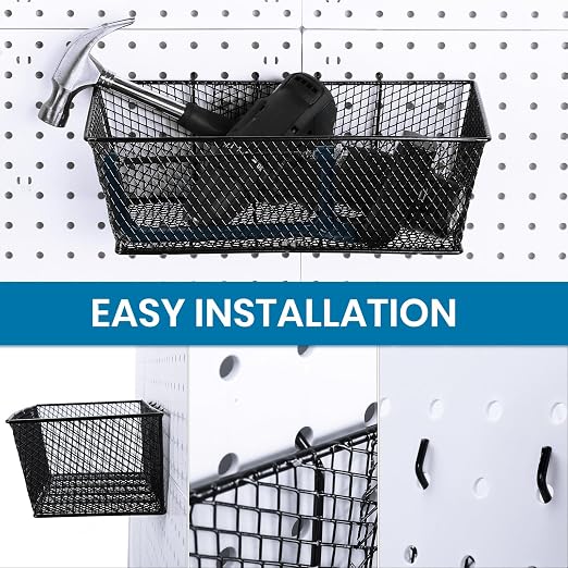 Sieral 4 Pcs Pegboard Baskets Metal Wire Shelf Baskets Peg Board Organizer Accessories Wall Mount Organizer Attachments for Garage Workbench Various Tool Accessories, 2 Sizes (Black,Large)