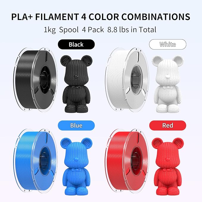RAMBERY PLA+ 3D Printer Filament Bundle 4KG Toughness Upgraded 1.75MM 3D Printing Filament Fit Most FDM Printers，Black/White/Blue/Red，1KG X 4 Spools
