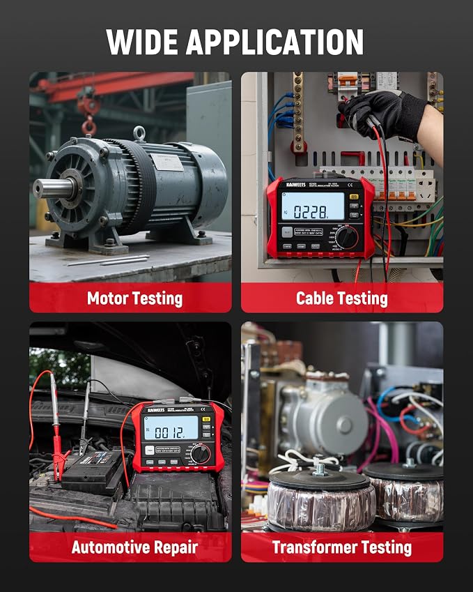 KAIWEETS Megohmmeter, Insulation Resistance Tester, Up to 100GΩ, 50V/100V/250V/500V/1000V, One-Touch DAR/PI, with AC/DC Voltage Testing for Motors, Solar, HVAC