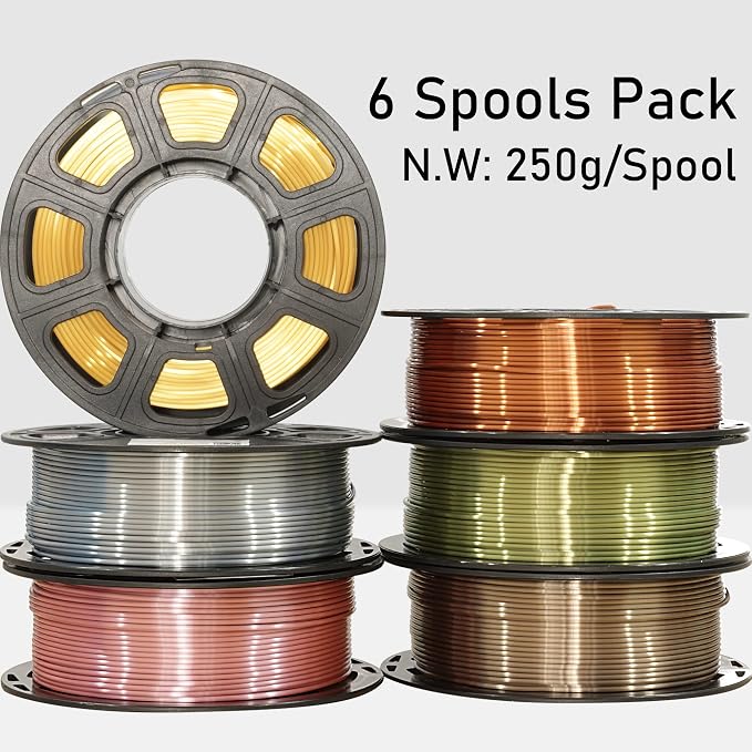 MIKA3D 6 Spools 1.75mm Silk PLA 3D Printer Filament Bundle, 6 Metallic Shiny Colors: Gold/Silver/Copper/Bronze/Coffee Gold/Rosegold, Each Spool 250g X 6 Spools, Total 1.5Kg 3D Printer Material